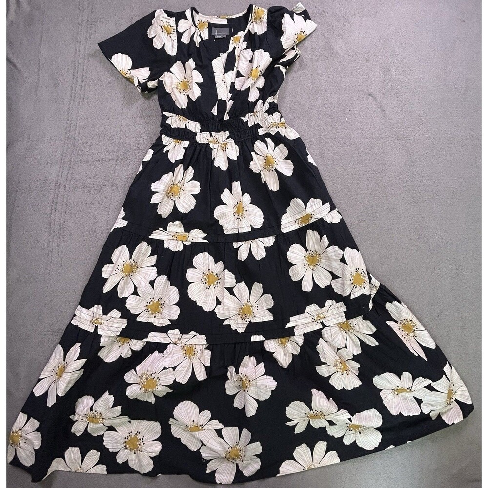 Anthropologie Floral Maxi Dress Women Medium Black Tiered Cotton Cottagecore